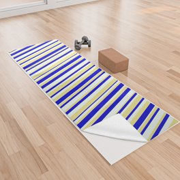[ Thumbnail: Blue, Tan & Mint Cream Colored Lined Pattern Yoga Towel ]