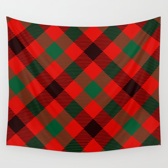 Red Plaid with Diagonal Green and Black Stripes Wall Tapestry