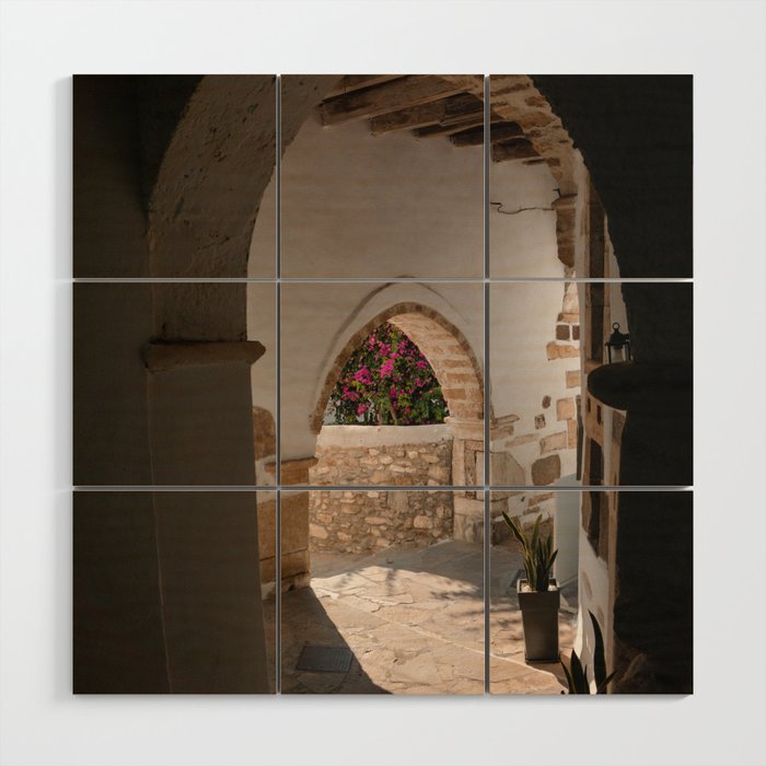 Sunny Peek Through in Greek Village | Stone Alley with Flowers | Ancient Town on the Cycladic Islands in Mediterranean Area | Travel Photography Wood Wall Art