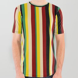 [ Thumbnail: Sea Green, Yellow, Tan, Dark Red, and Black Colored Lines Pattern All Over Graphic Tee ]