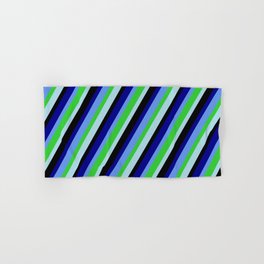 [ Thumbnail: Colorful Black, Dark Blue, Cornflower Blue, Lime Green, and Light Blue Colored Lines/Stripes Pattern Hand & Bath Towel ]