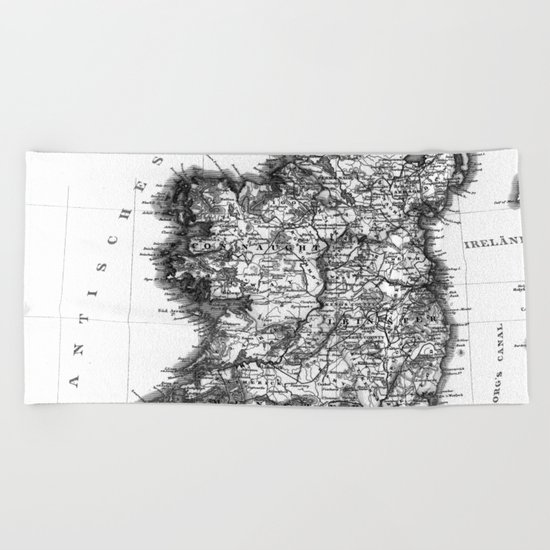 Vintage Black and White Ireland MAp Beach Towel