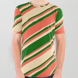 [ Thumbnail: Beige, Dark Green & Red Colored Lined Pattern All Over Graphic Tee ]