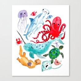 Ocean Creatures - Sea Animals Characters - Watercolor Canvas Print