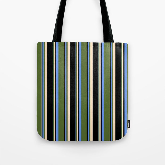 Cornflower Blue, Dark Olive Green, Bisque, and Black Colored Striped Pattern Tote Bag