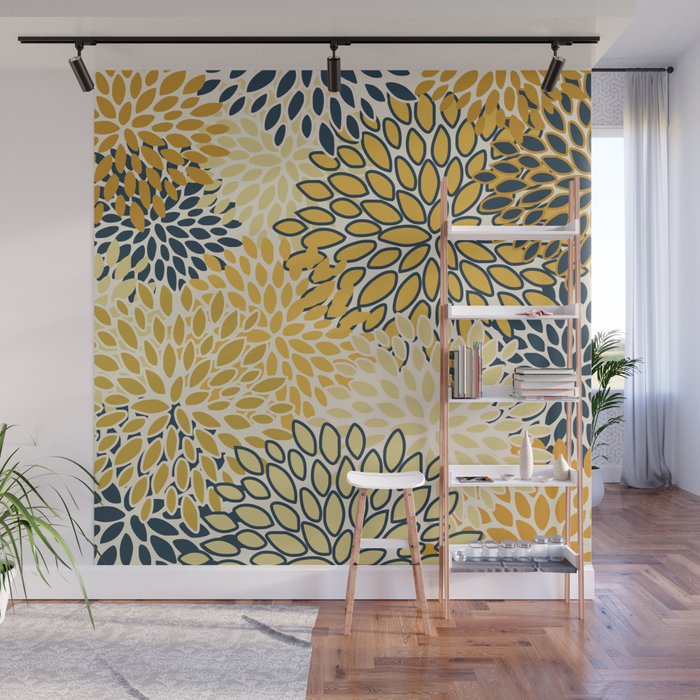 Floral Prints Abstract Art Navy Blue And Mustard Yellow Coloured Prints Wall Mural By Meganmorrisart Society6