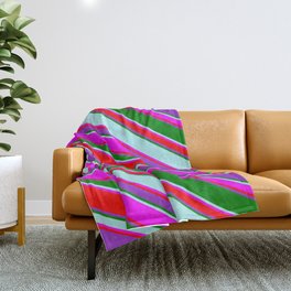 [ Thumbnail: Eyecatching Fuchsia, Red, Dark Orchid, Green & Turquoise Colored Lined Pattern Throw Blanket ]