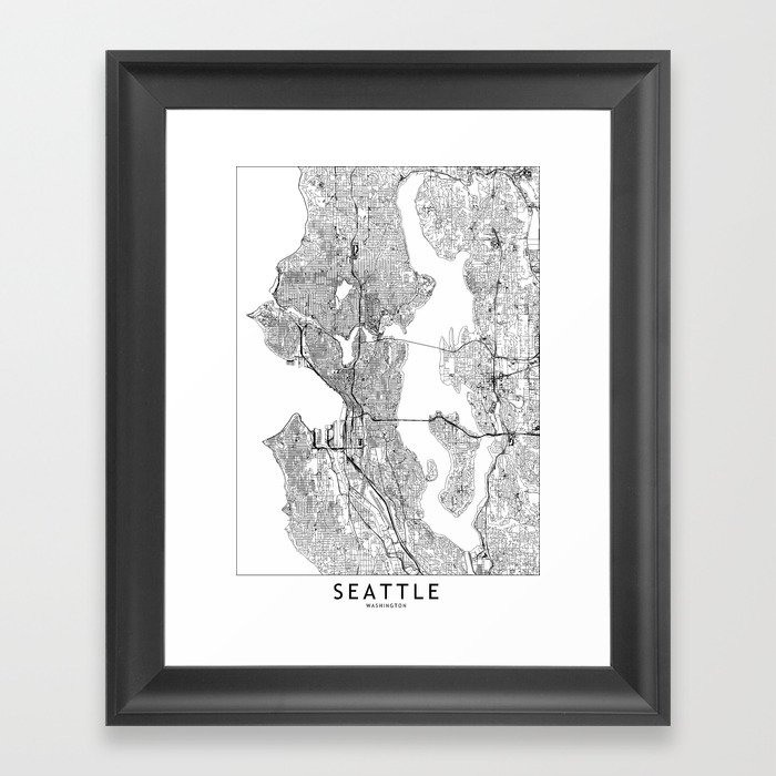 Seattle White Map Framed Art Print