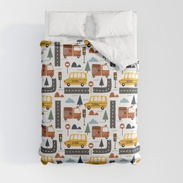 School Bus and Fire Truck City Road Pattern Comforter