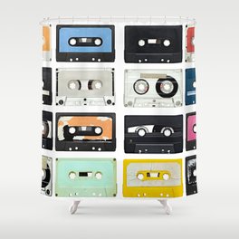 Collection of various vintage audio tapes on white background. Each one is shot separately Shower Curtain
