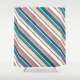 [ Thumbnail: Light Coral, Tan, Teal, White & Blue Colored Striped/Lined Pattern Shower Curtain ]