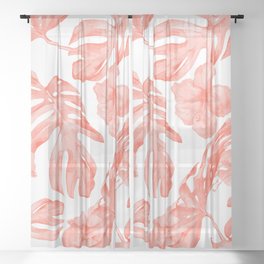 Tropical Hibiscus and Palm Leaves Dark Coral White Sheer Curtain