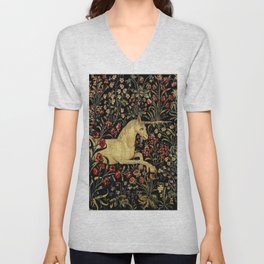 Medieval Unicorn Midnight Floral Garden V Neck T Shirt
