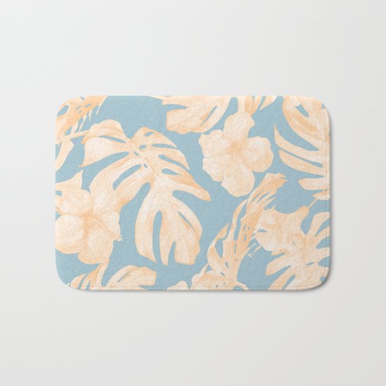 Island Vacation Hibiscus Palm Coral Sky Blue Bath Mat
