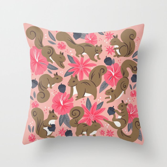 Squirrels & Blooms – Magenta Palette Throw Pillow
