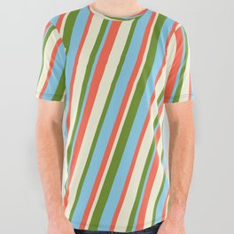 [ Thumbnail: Red, Beige, Green, and Sky Blue Colored Stripes Pattern All Over Graphic Tee ]