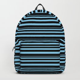 [ Thumbnail: Sky Blue & Black Colored Striped Pattern Backpack ]