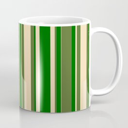 [ Thumbnail: Dark Olive Green, Tan, and Dark Green Colored Lined/Striped Pattern Coffee Mug ]