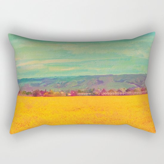 Teal Sky, Indigo Mountains, Mustard Plants, Colorful Houses Rectangular Pillow
