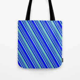 [ Thumbnail: Aquamarine and Blue Colored Lines/Stripes Pattern Tote Bag ]