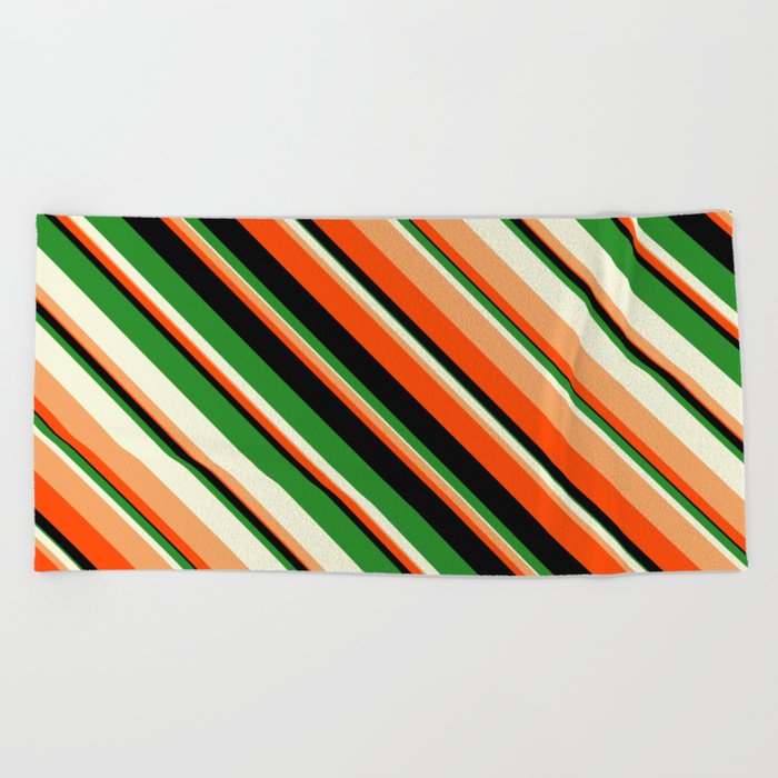 Vibrant Forest Green, Beige, Brown, Red & Black Colored Lines Pattern Beach Towel