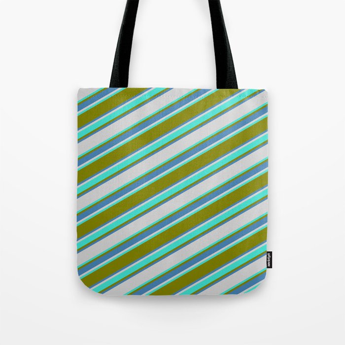 Green, Blue, Light Gray & Turquoise Colored Striped Pattern Tote Bag