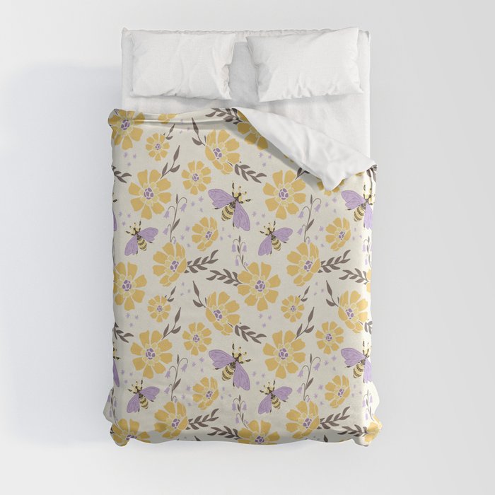 Honey Bees and Flowers - Yellow and Lavender Purple Duvet Cover