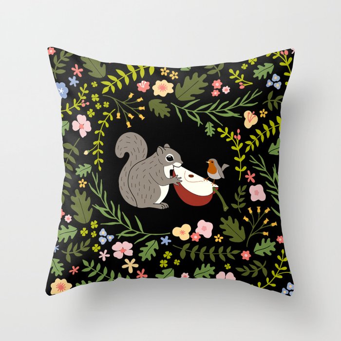Friendship in Wildlife_Squirrel and Robin_Bg Black Throw Pillow