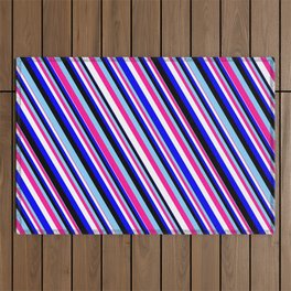 [ Thumbnail: Eyecatching Light Sky Blue, Deep Pink, White, Blue & Black Colored Lines Pattern Outdoor Rug ]