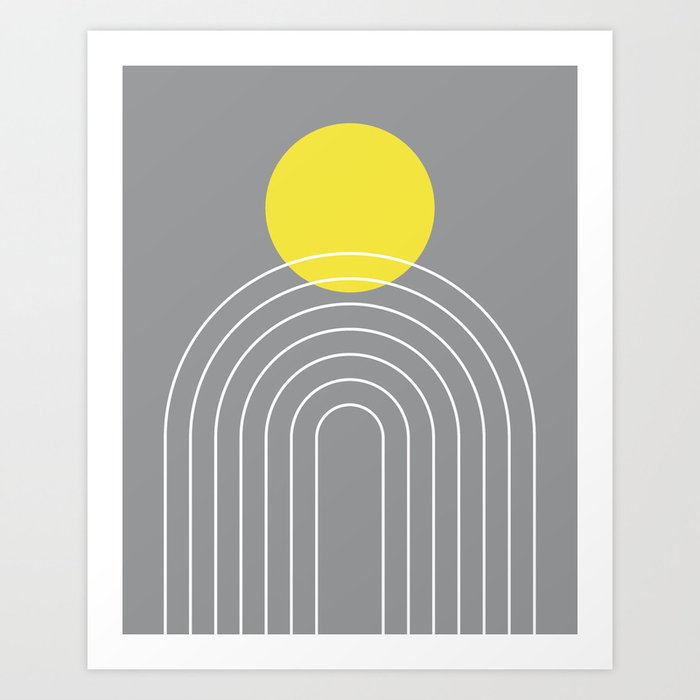 Mid Century Modern Geometric 75 in Ultimate Gray and Illuminating (Sun and Rainbow abstraction) Art Print