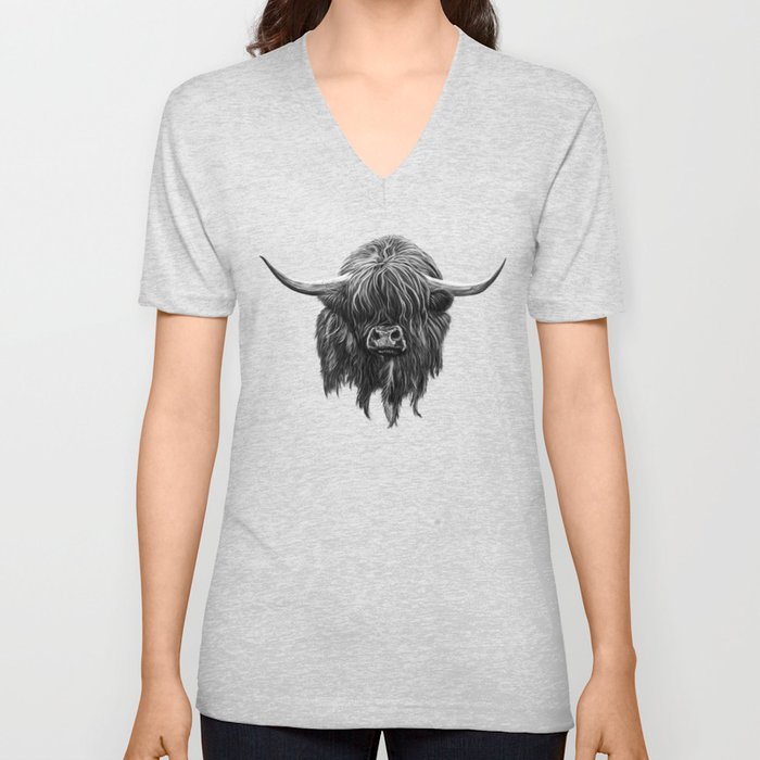 Scottish Highland Cow (bw) V Neck T Shirt