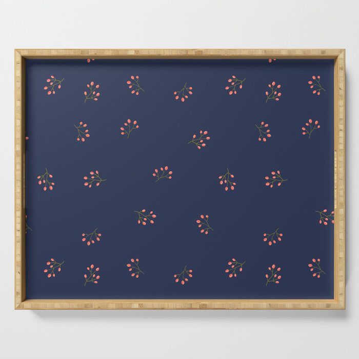 Branches With Red Berries Seamless Pattern on Navy Blue Background Serving Tray