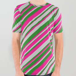 [ Thumbnail: Deep Pink, Light Grey, and Forest Green Colored Lines Pattern All Over Graphic Tee ]