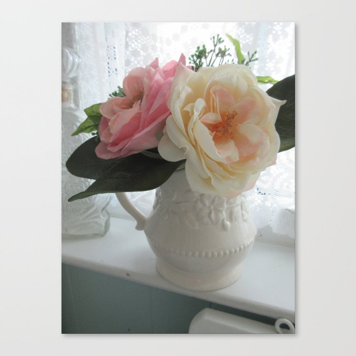 Peonies & Roses ~ Flowers in a Cream Pitcher Canvas Print