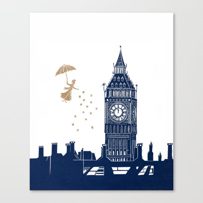 Mary Poppins and Big Ben linocut Canvas Print