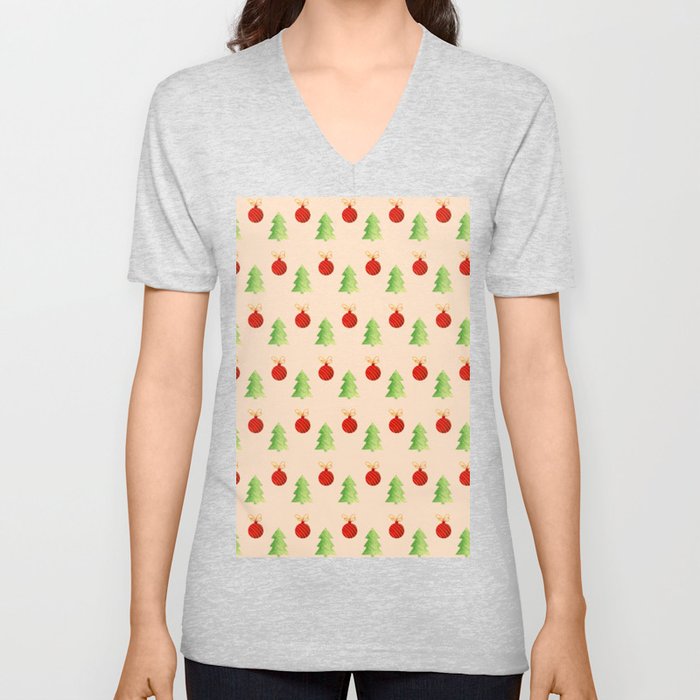 Christmas Pattern Watercolor Bauble Tree V Neck T Shirt
