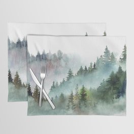Watercolor Pine Forest Mountains in the Fog Placemat