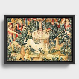 Medieval Unicorn Midnight Floral Fountain Garden Framed Canvas