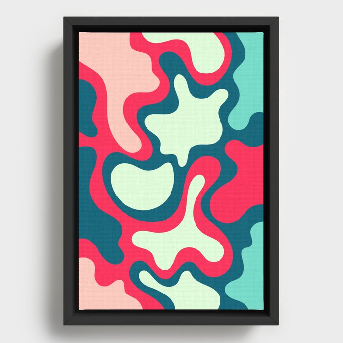 Colorful and Vibrant Fluid Abstract Art In Tropical Blue, Pink, Turquoise Color Palette Framed Canvas