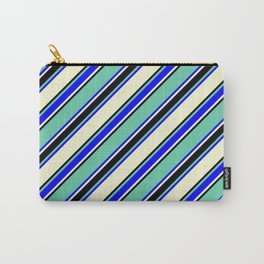 [ Thumbnail: Aquamarine, Blue, Light Yellow & Black Colored Lined Pattern Carry-All Pouch ]