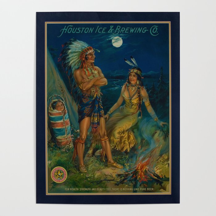 Houston Ice and Beer Brewing Company Native American beer advertisement vintage poster for kitchen, bar, dining room, & living room home and wall decor Poster