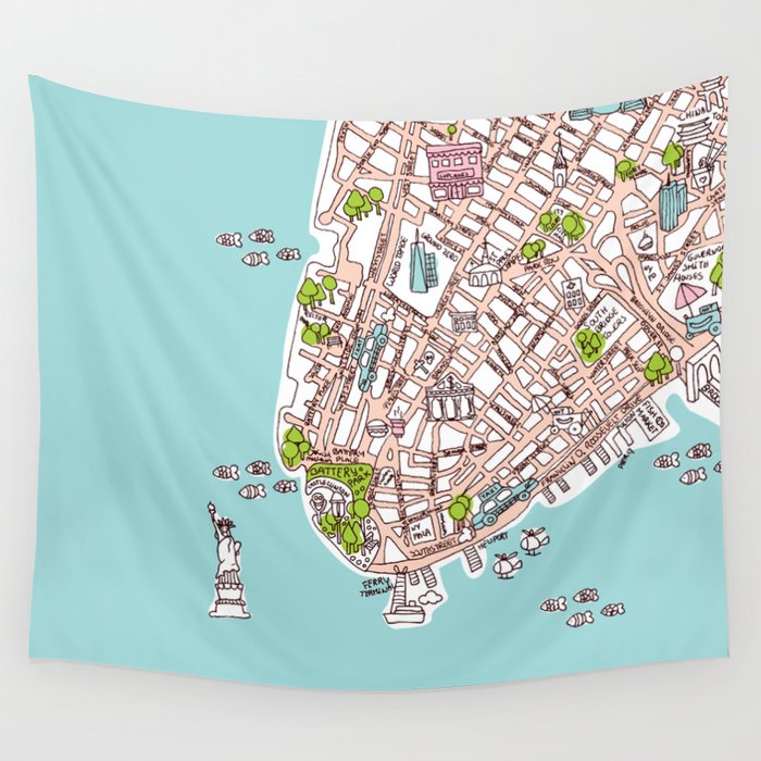 Fun New York City Manhattan street map illustration Wall Tapestry by 