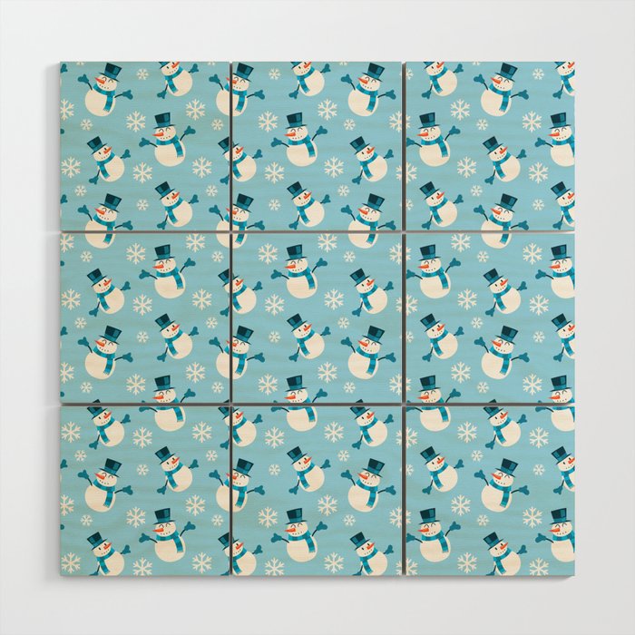 Christmas Pattern Blue Snowflake Snowman Cute Wood Wall Art