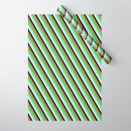 [ Thumbnail: Eye-catching Red, Lime, Light Sky Blue, Mint Cream & Black Colored Lined Pattern Wrapping Paper ]