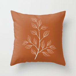 Delicate White Leaves and Branch on a Rust Orange Background Throw Pillow