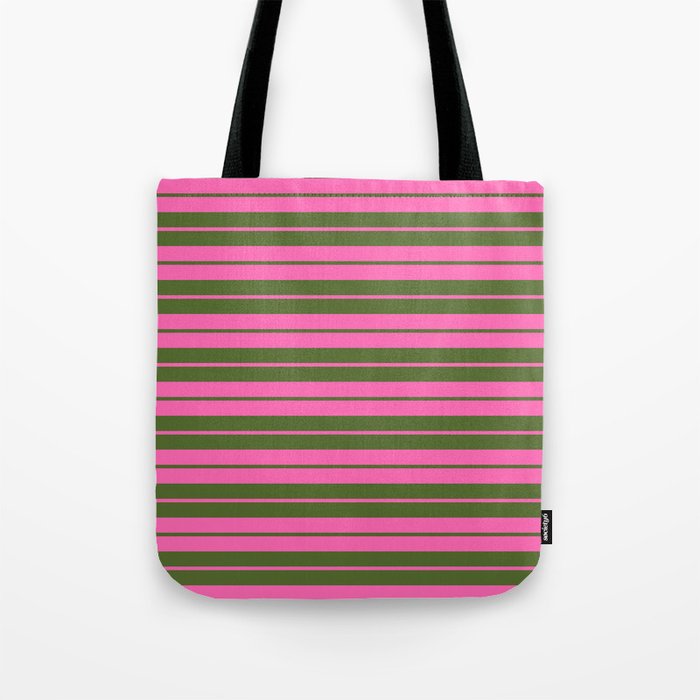 Hot Pink and Dark Olive Green Colored Lined Pattern Tote Bag