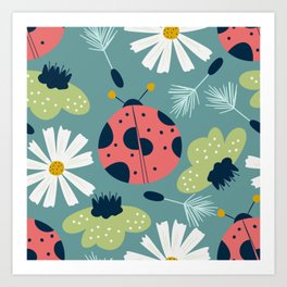 Spring seamless pattern with ladybug and flower Art Print