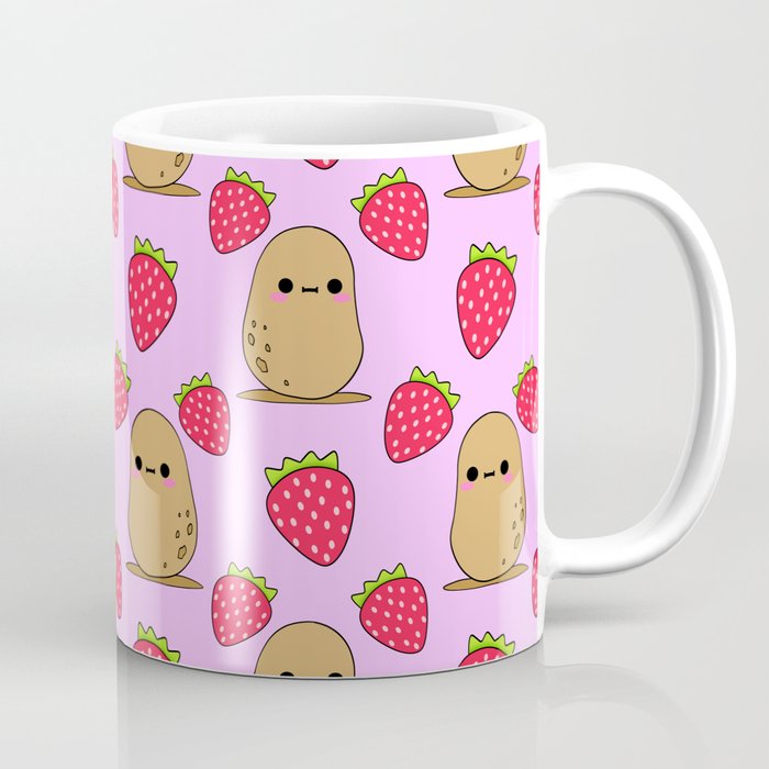 Cute funny sweet adorable little baby potatoes and red ripe summer  strawberries cartoon light pastel pink pattern design Coffee Mug
