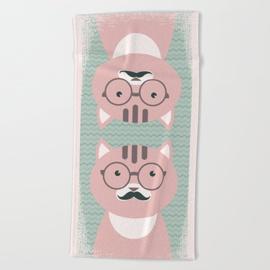 Clever Cat cute pet hippster moustache character Beach Towel