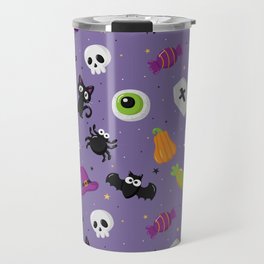 Halloween Seamless Pattern with Funny Spooky on Purple Background Travel Mug